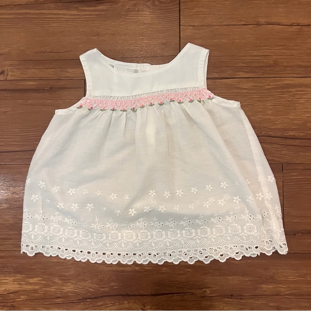Polly Flinders Hand Smocked Dress Sleeveless Size 3 Toddler White Floral Flaw